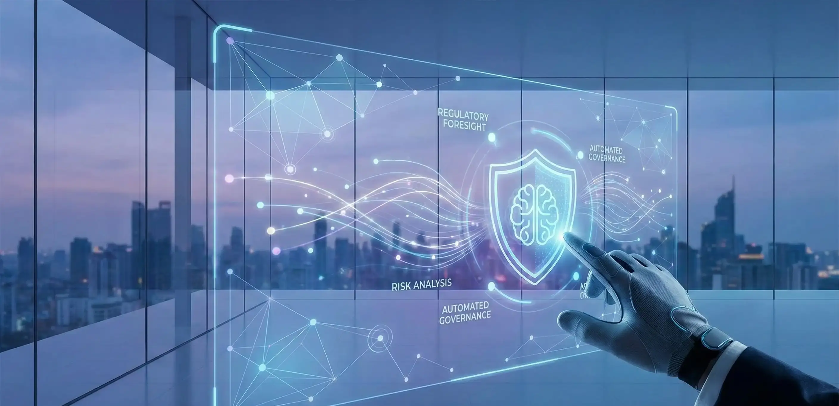 Digital shield with a brain symbol representing AI-driven risk analysis and automated governance for corporate compliance.