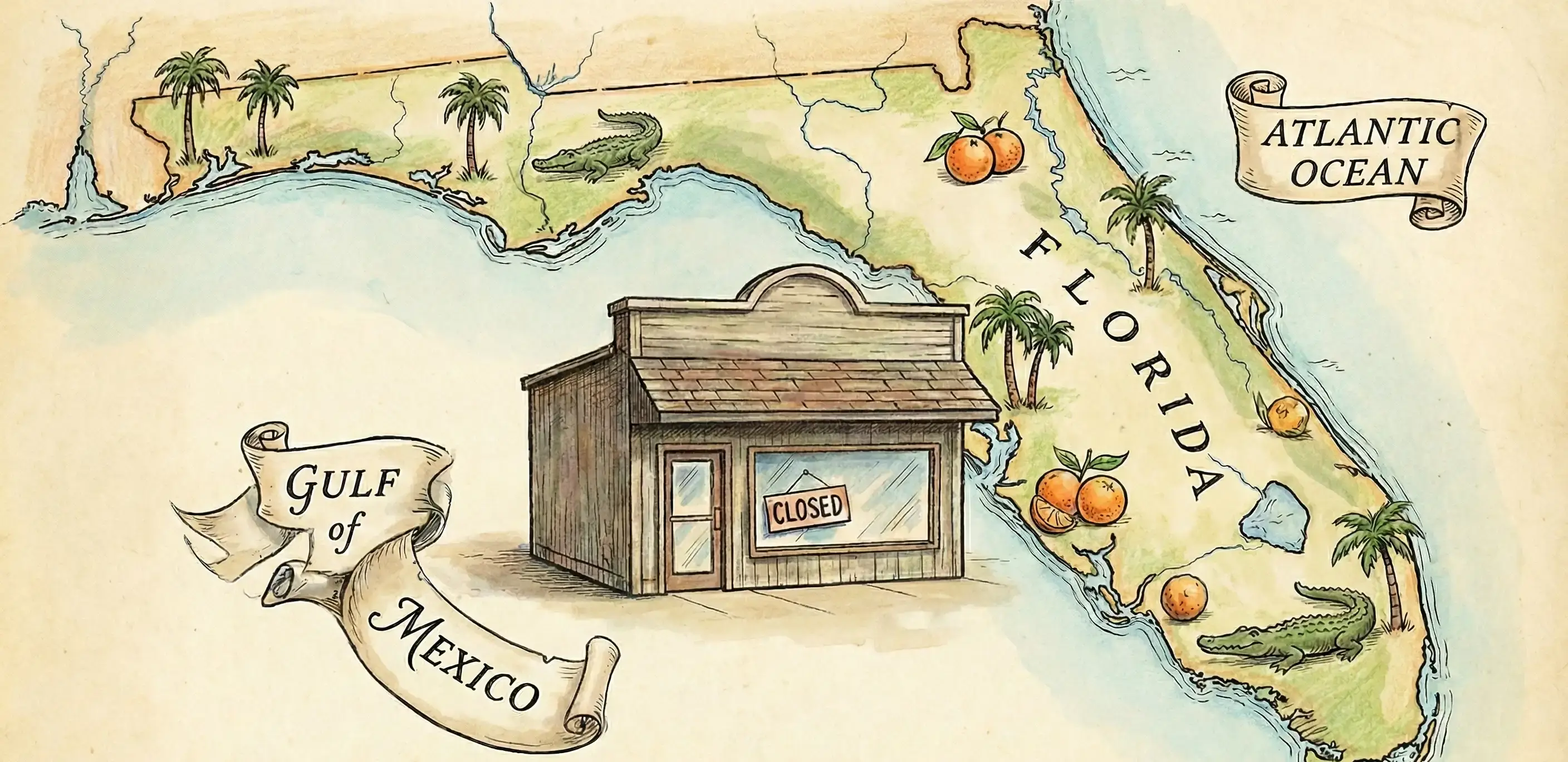 Illustration of a vintage Florida map with a closed storefront, visualizing the process to dissolve an LLC in Florida.