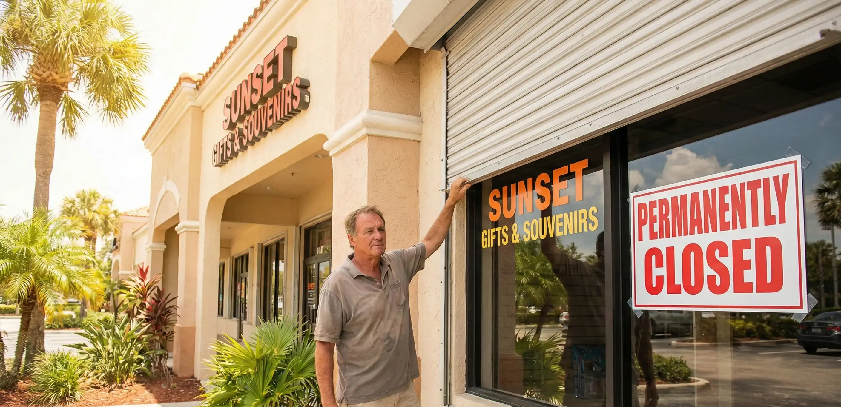 Illustration of a vintage Florida map with a closed storefront, visualizing the process to dissolve an LLC in Florida.
