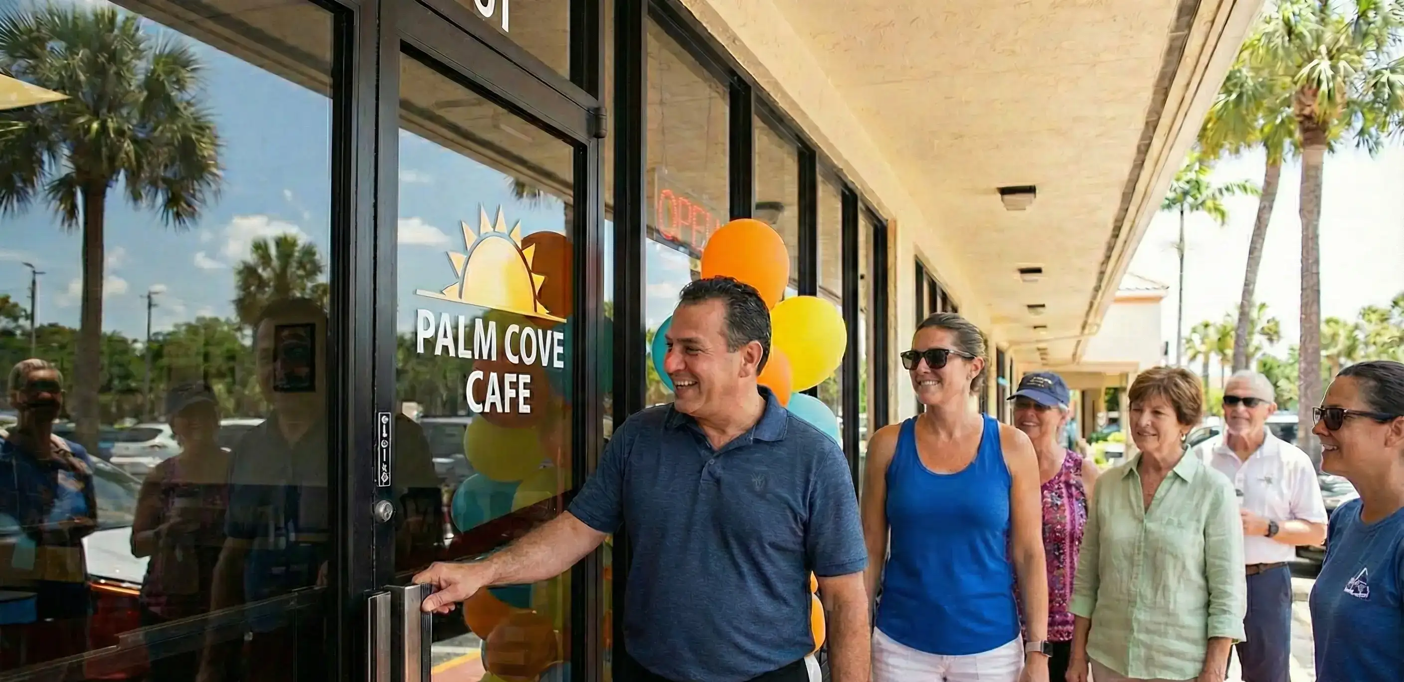 A smiling Florida café owner reopening his doors to waiting customers after successfully managing to reinstate a Florida LLC.