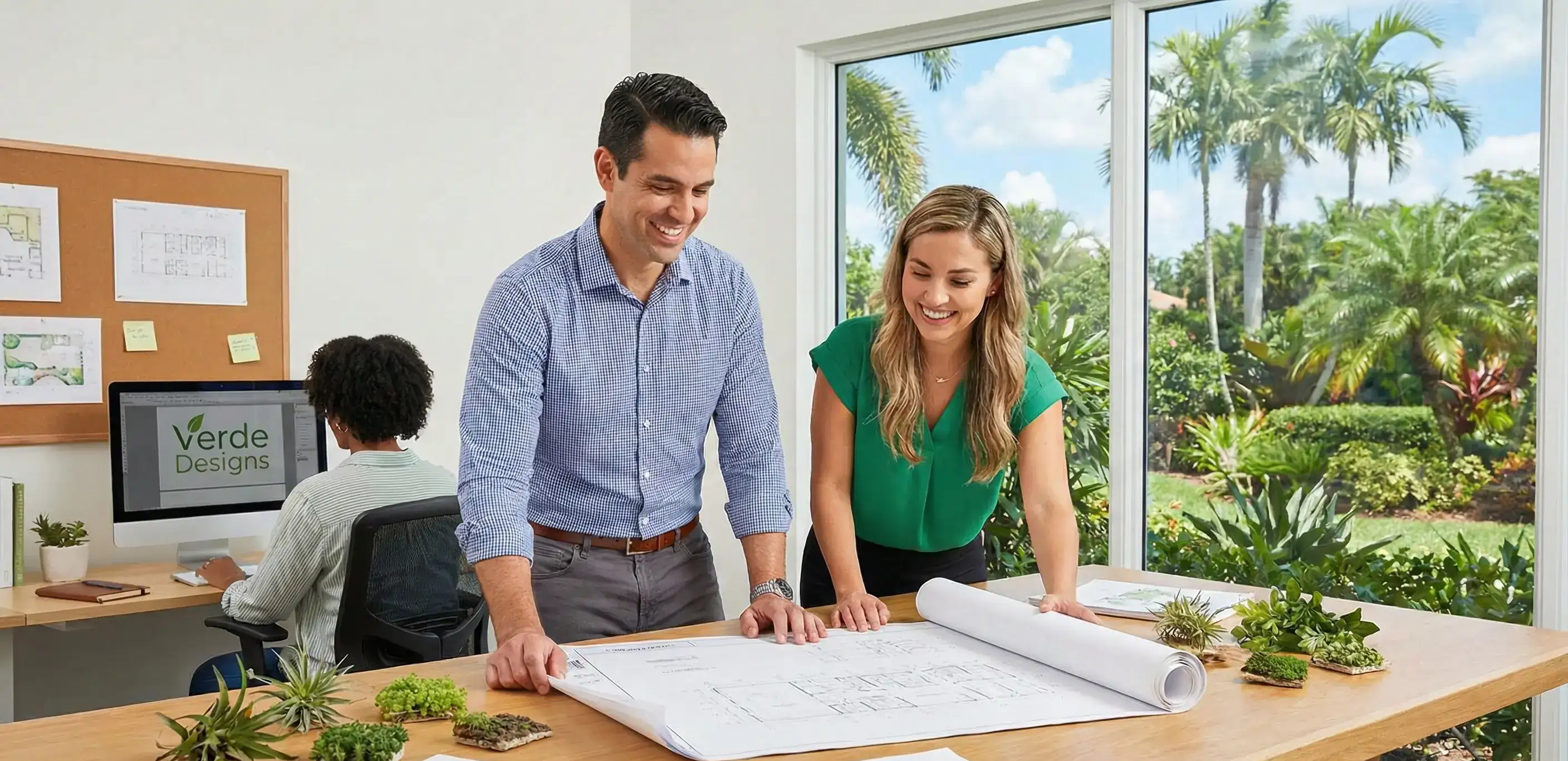 Design firm team collaborating on plans in a sunny office, illustrating the fresh start possible when you reinstate a corporation in Florida.
