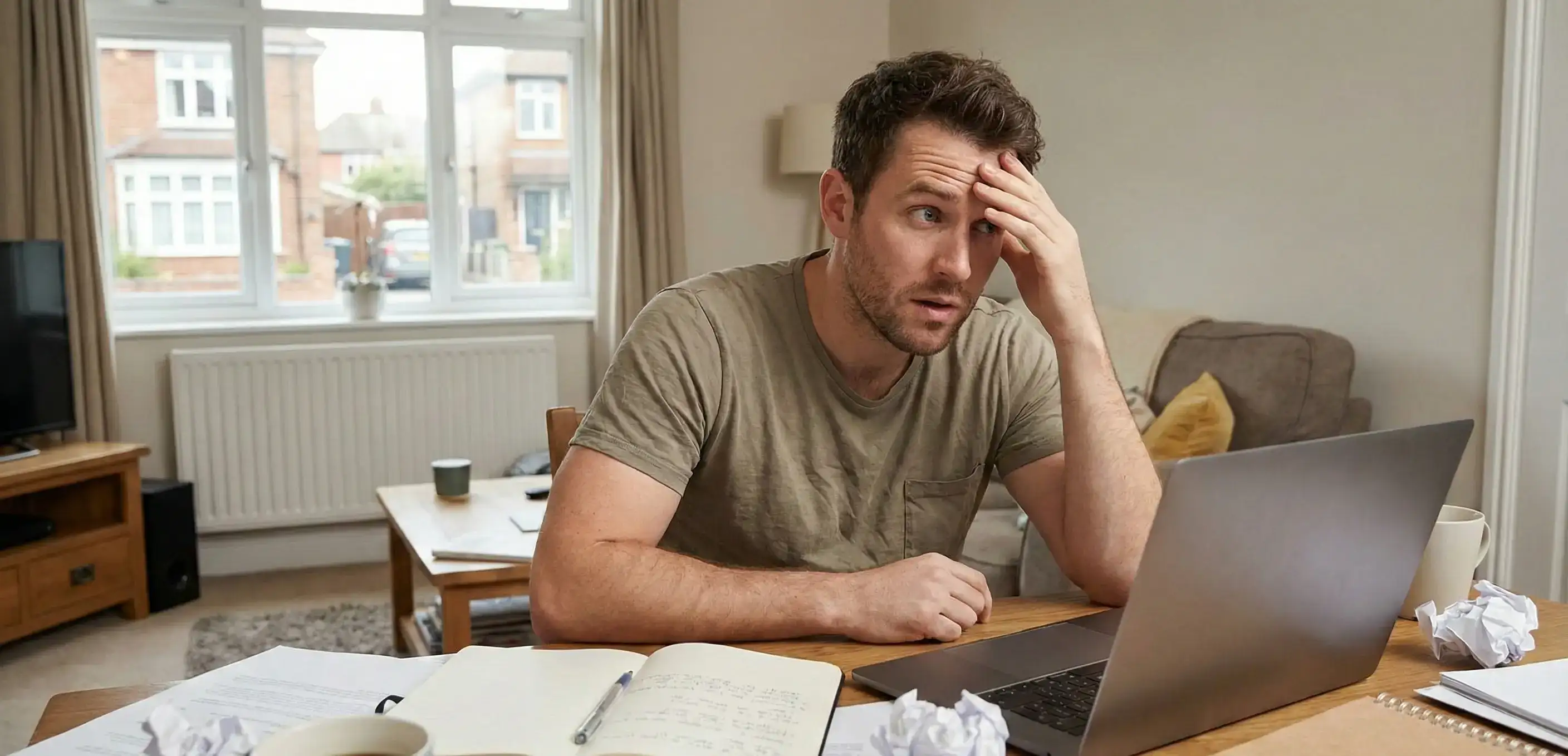 Stressed business owner with crumpled papers, overwhelmed by the legal distinction between a registered agent vs organizer.