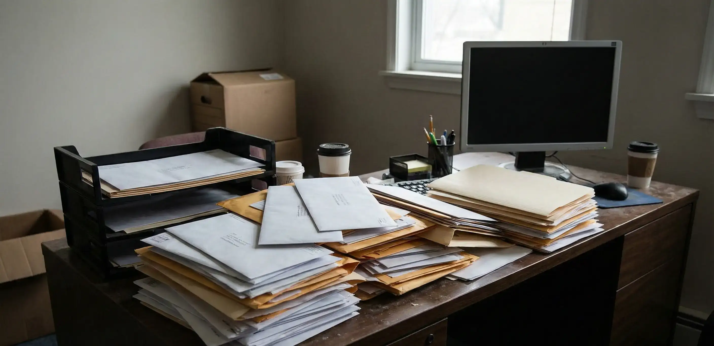 Desk overflowing with ongoing compliance mail, visualizing the long-term document handling responsibilities that distinguish a registered agent vs organizer.