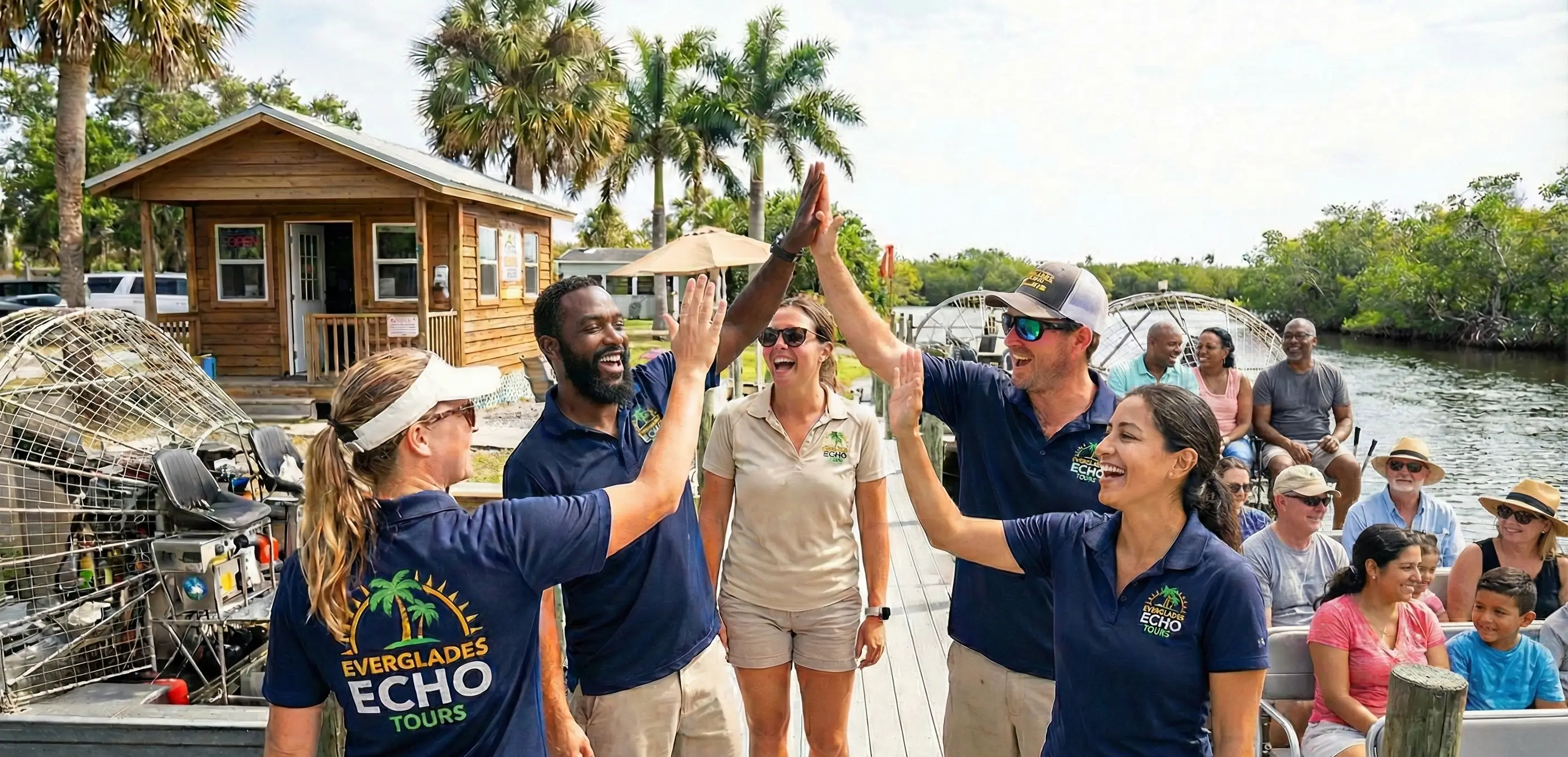 Tour company staff high-fiving on a dock, celebrating a successful season made possible by filing their Florida corporation annual report on time.