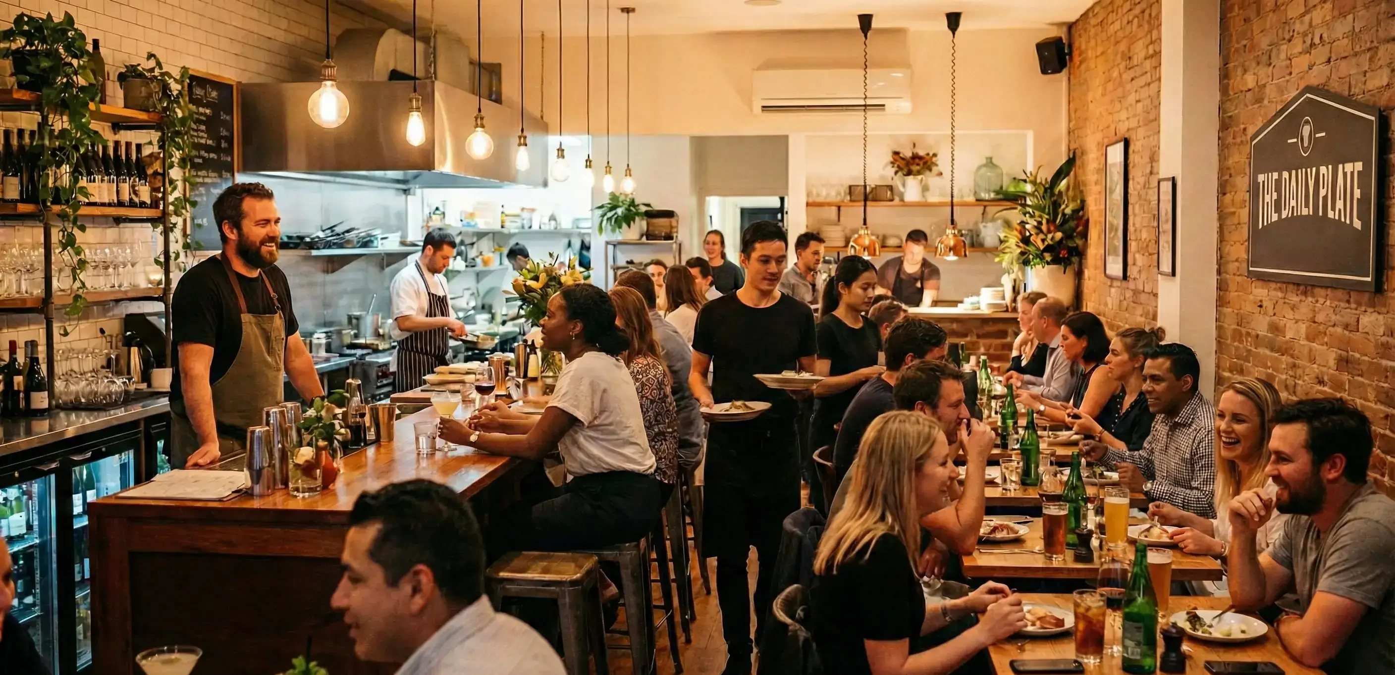 Restaurant owner smiling at his packed dining room, illustrating the growth potential when you form a corporation in Florida to scale your hospitality business.