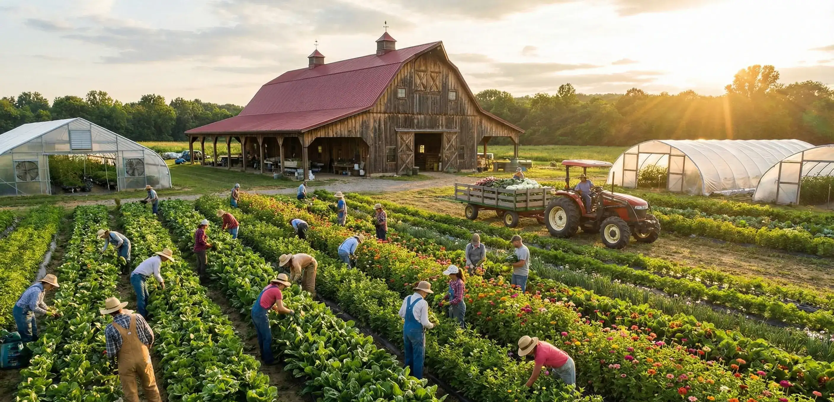 Large scale organic farm with employees, illustrating a growing agricultural business weighing the tax implications of a C Corporation vs S Corporation.