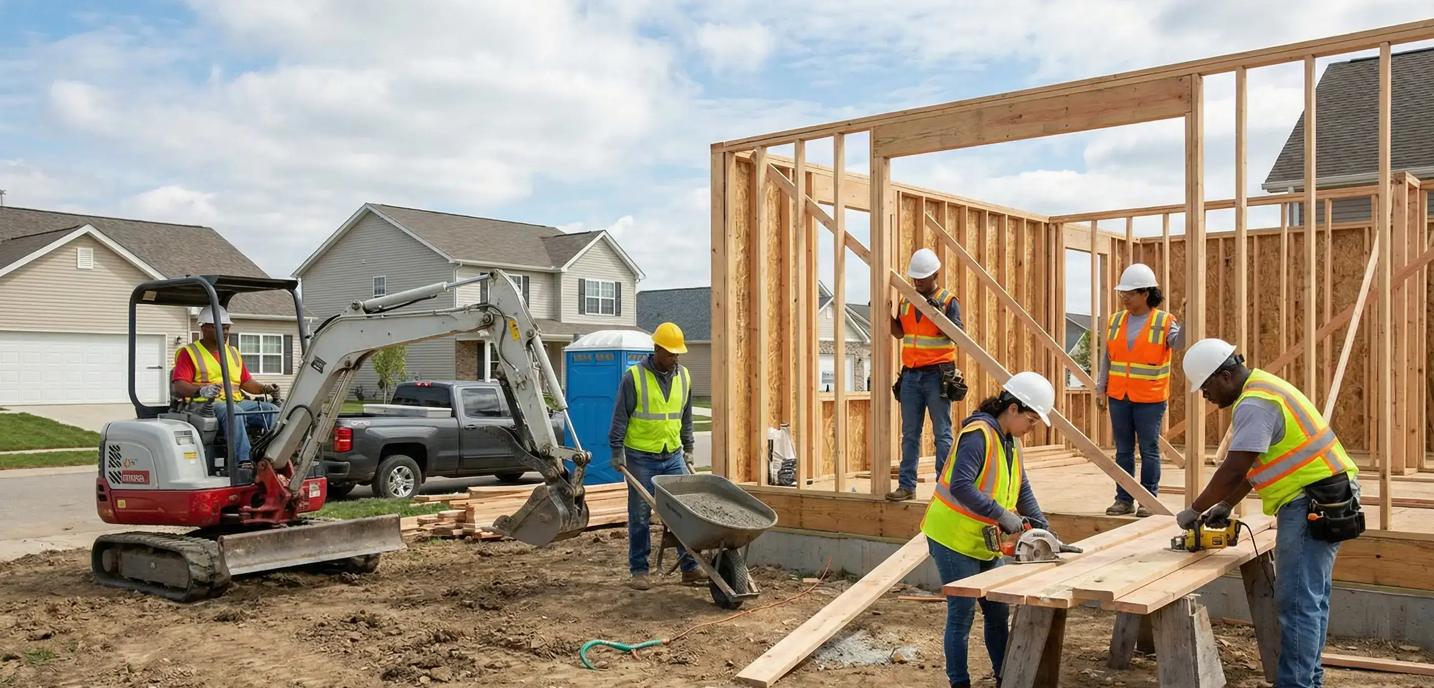 Construction crew framing a new home, illustrating a capital-intensive business comparing C Corporation vs S Corporation structures for reinvesting profits.