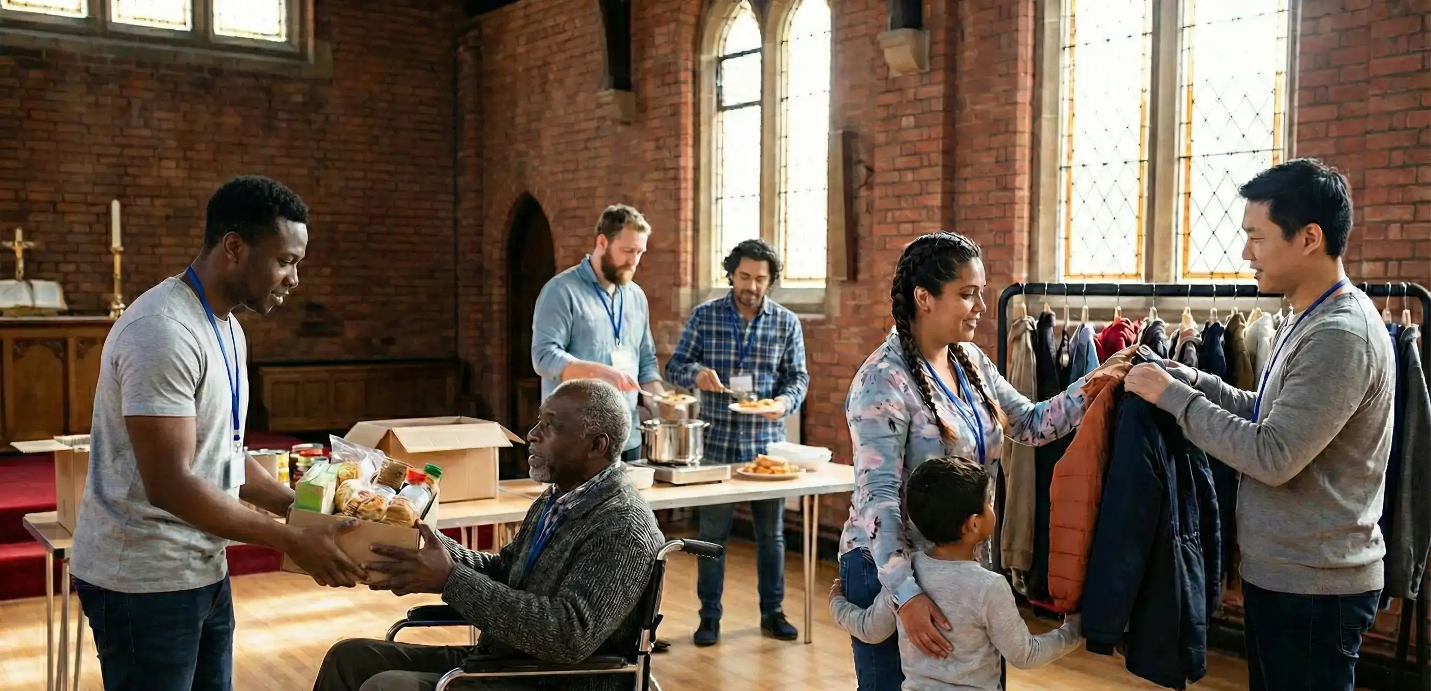 Volunteers at a church charity event distributing food and clothing, illustrating the positive community impact when you start a nonprofit organization in Florida.