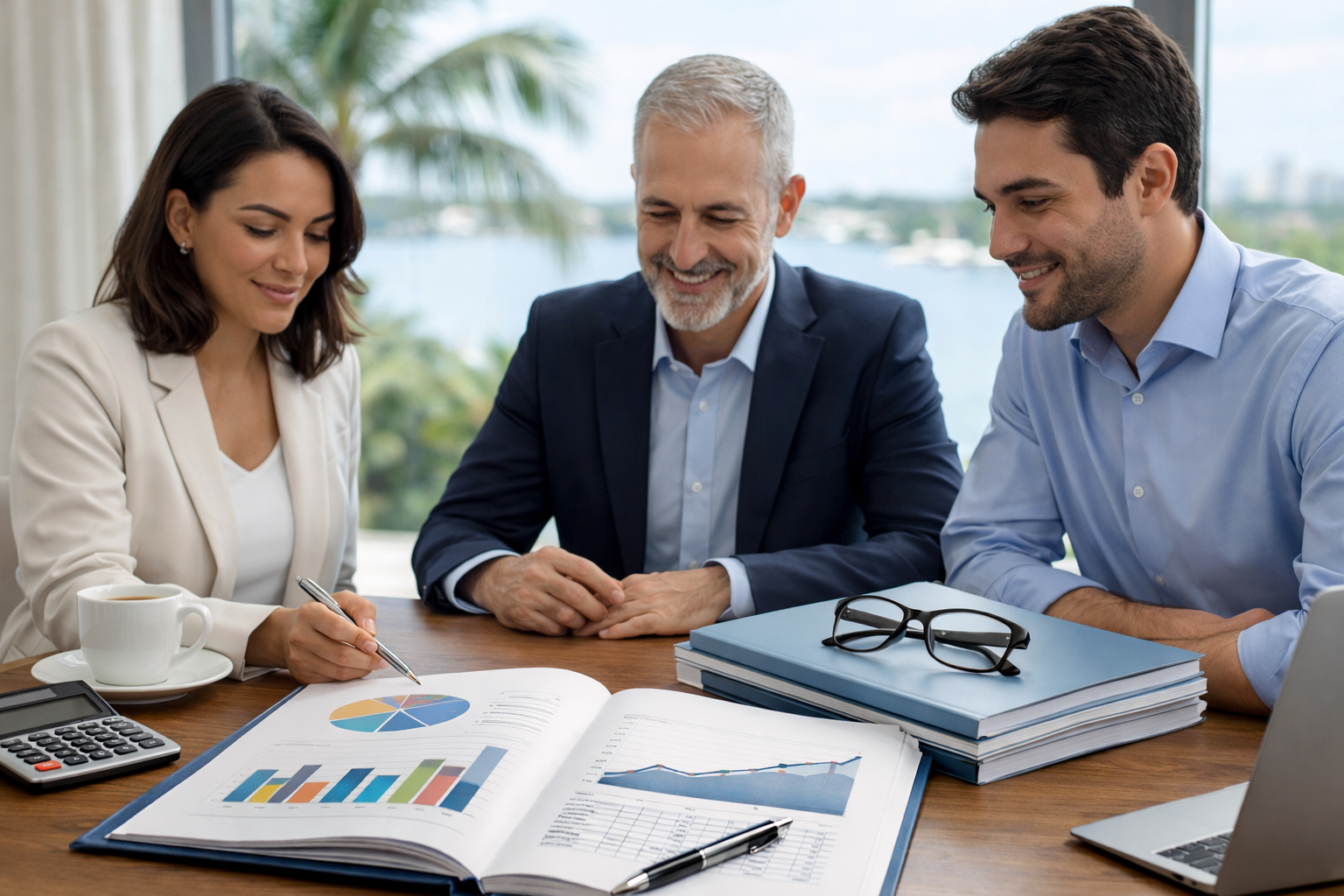 Three business professionals reviewing an annual report document together at a desk in a modern office environment, with charts and financial documents visible.