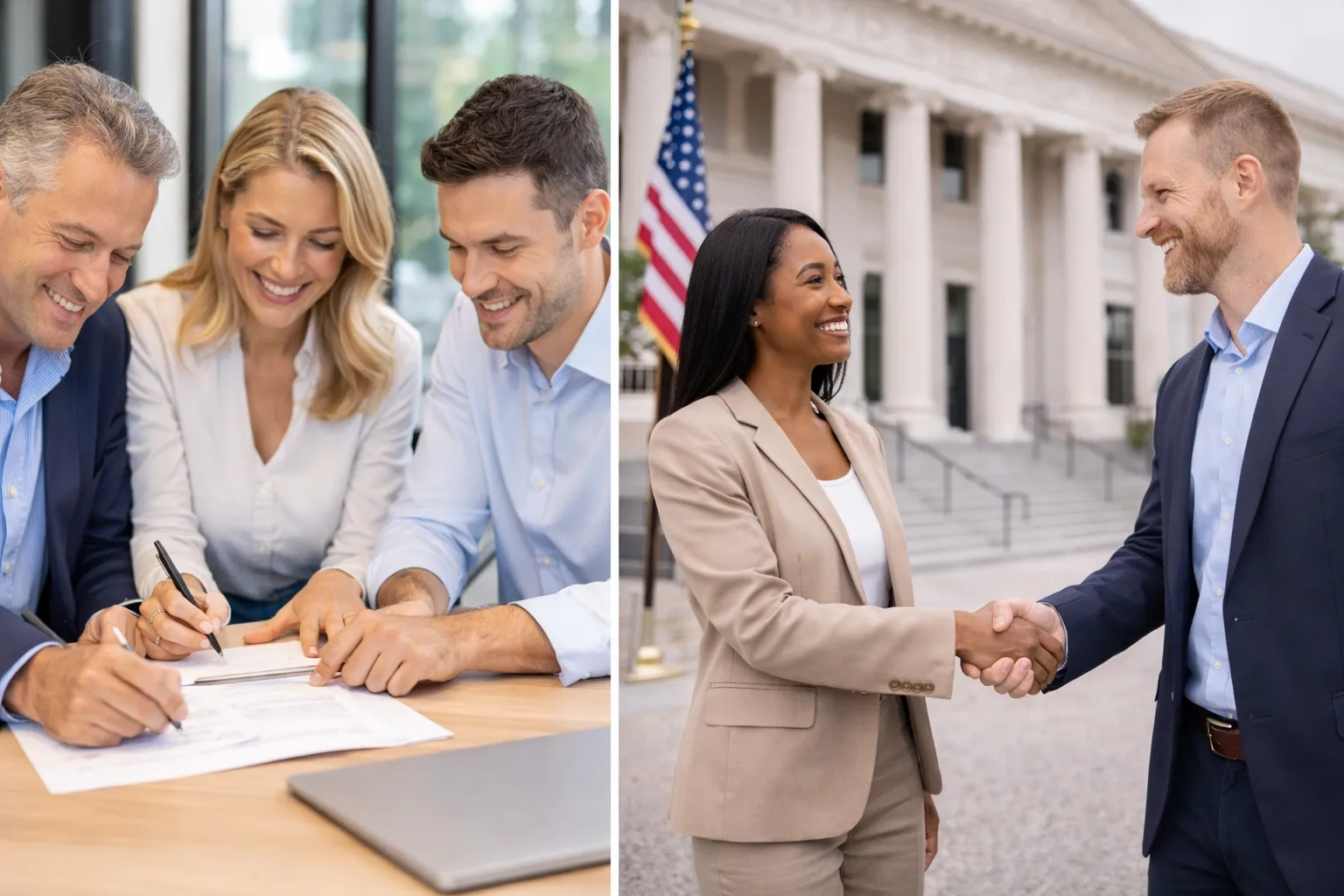 Business partners finalizing documents during [State] partnership registration in a professional office setting.