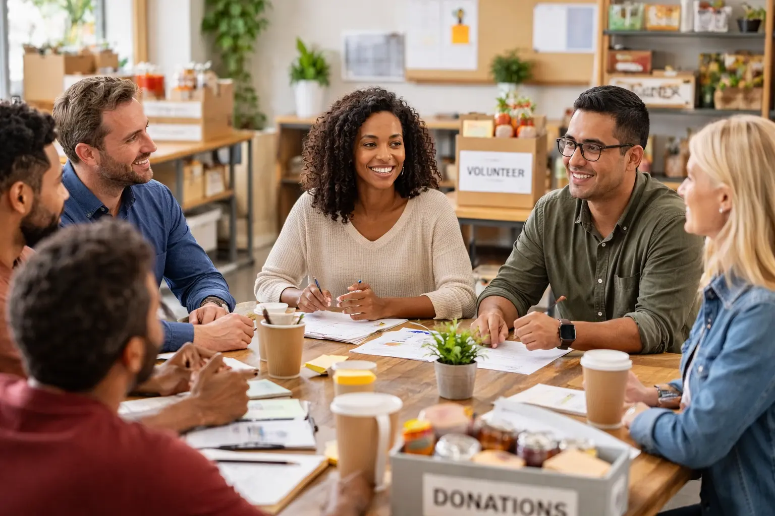 Group meeting to start a nonprofit organization in [State] with volunteer and donation boxes on the table.