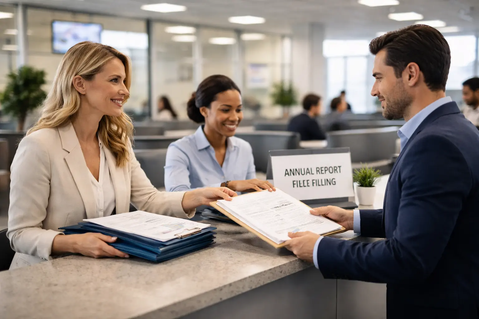LLC owner submitting 2026 [State] annual report filing at office counter before deadline