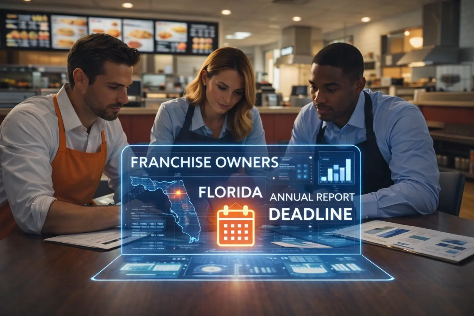 Franchise owners reviewing the Florida corporation annual report deadline on a digital display.