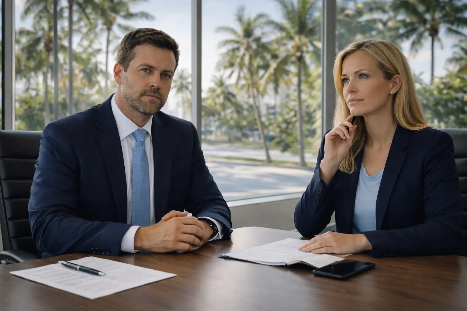 Two professionals in a sunny office reviewing documents to reinstate a Florida LLC.