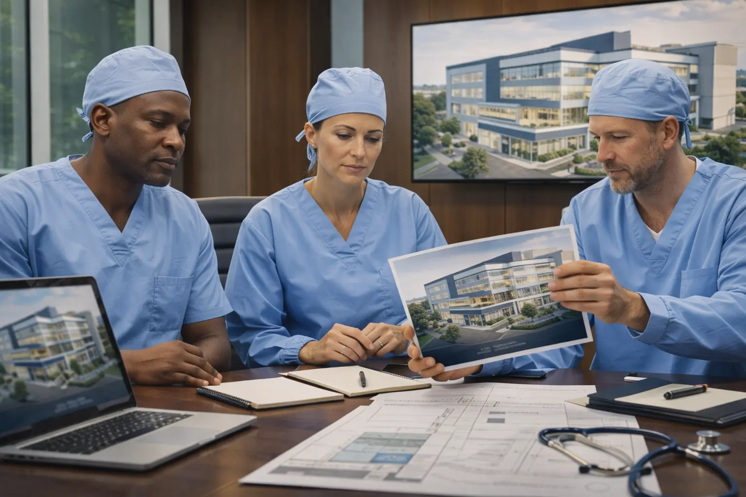 Doctors reviewing building plans for a new medical center during their Florida LP formation.