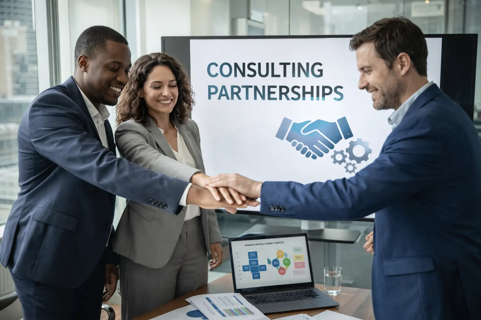 Business team joining hands in agreement after discussing LP vs LLP for their consulting partnership.