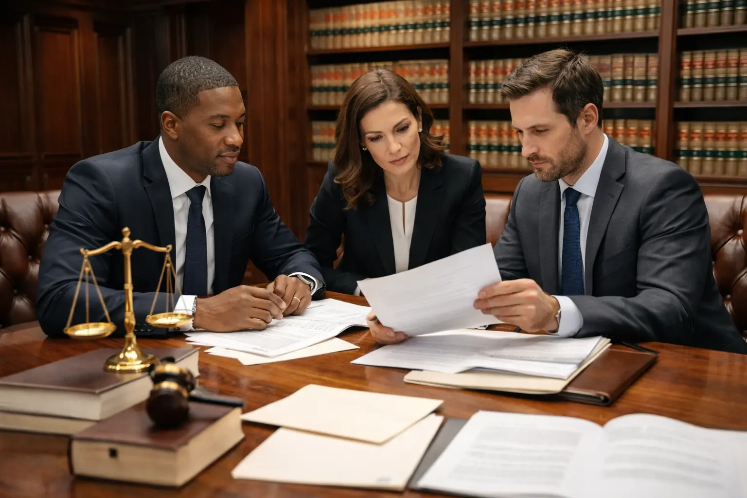 Lawyers in a wood-paneled office reviewing documents to discuss LP vs LLP liability.