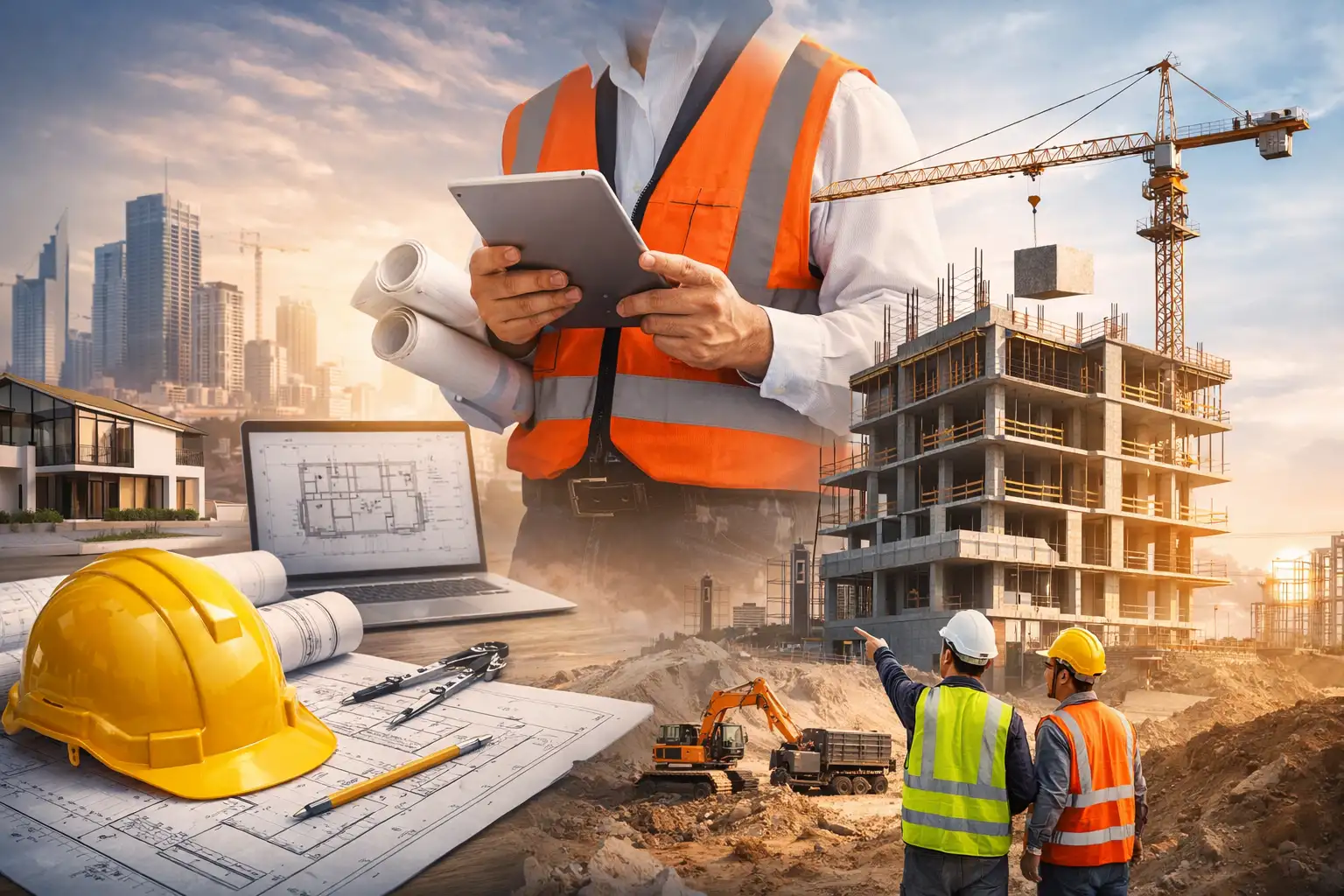 Civil engineer at a construction site reviewing plans for a Florida foreign entity registration.
