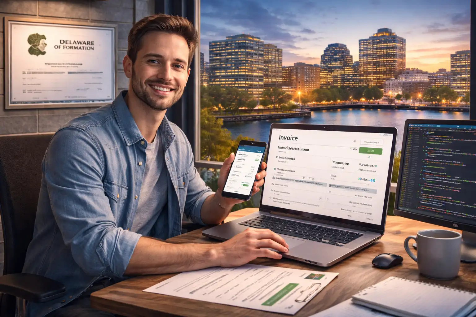 Smiling software business owner holding up a smartphone with an app, with an invoice on his laptop and a second coding monitor, focusing on his BOI filing deadline.