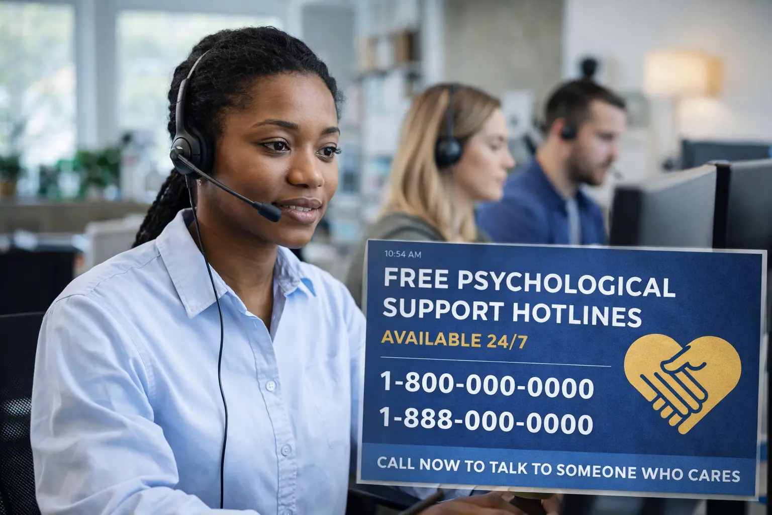 Operator wearing a headset at a free psychological support hotline for a 501(c)(3) organization.