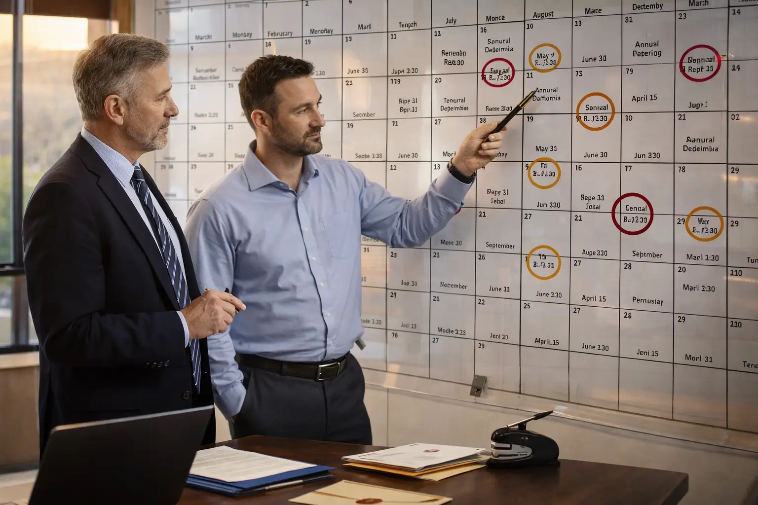 Two professionals reviewing circled dates on a large state tax filing deadlines calendar.