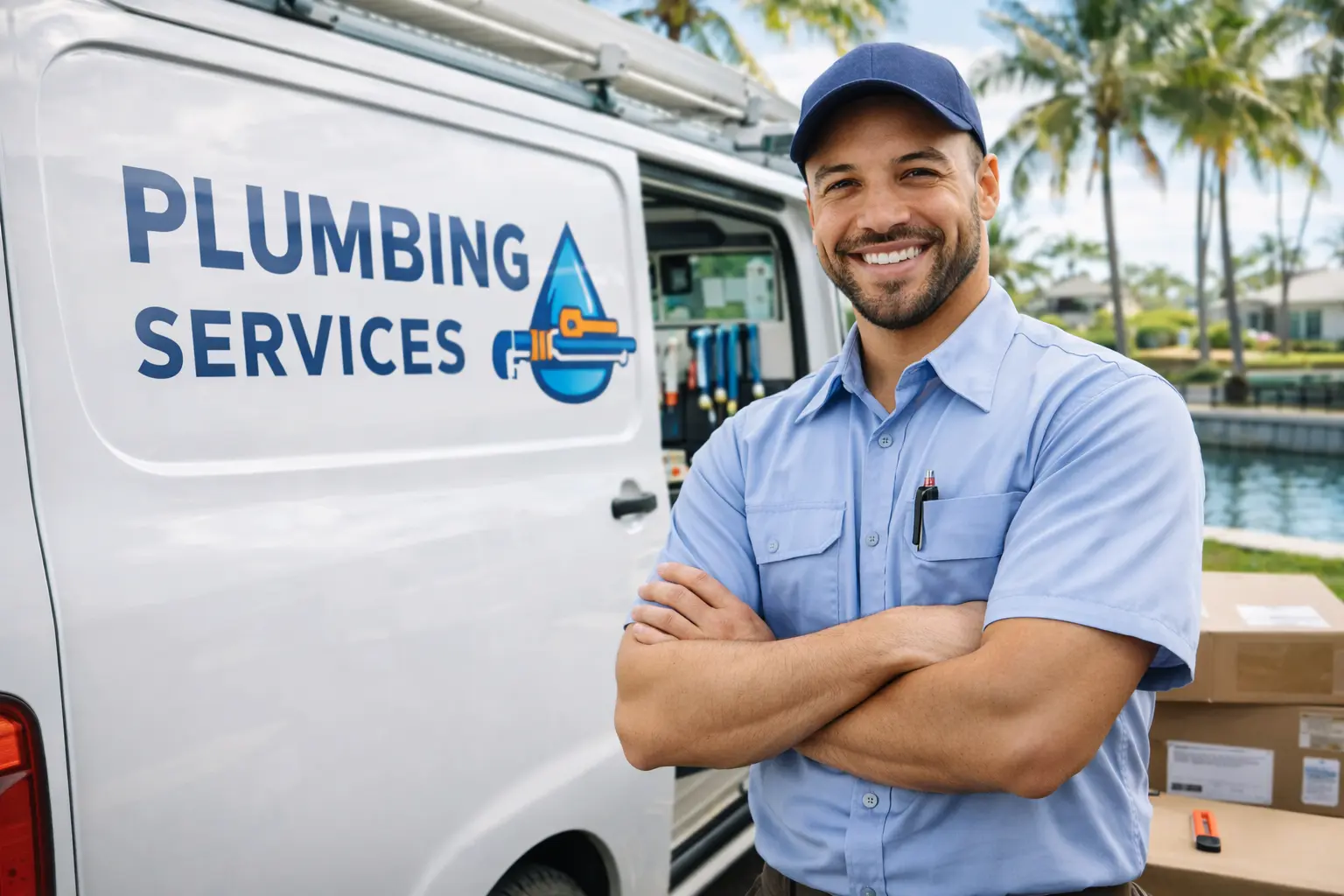Smiling plumbing company owner with crossed arms in front of his white service van with 'PLUMBING SERVICES' logo.