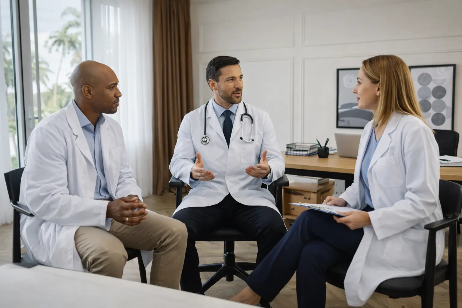 Three doctors meeting in a modern clinic, reviewing a clipboard to finalize their corporate bylaws.