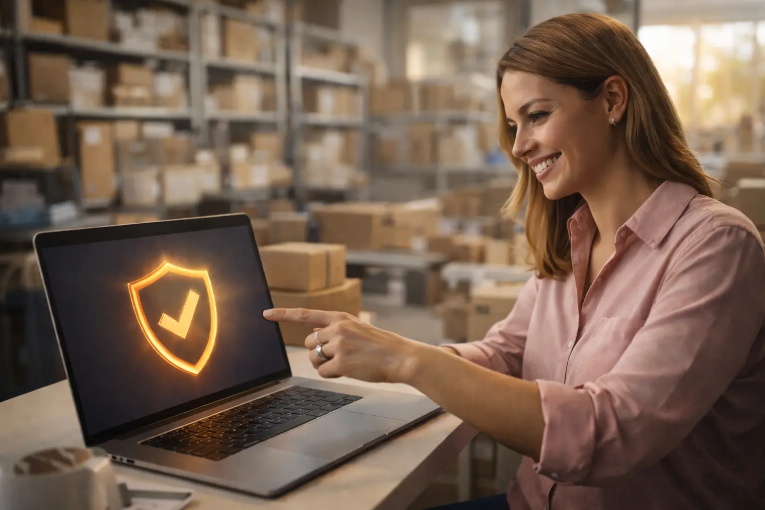 Smiling warehouse owner pointing to a laptop shield icon, finalizing her trademark registration for business names.