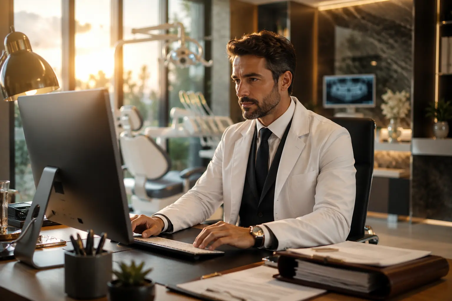 Focused dentist at a computer researching Articles of Organization vs Articles of Incorporation for his clinic.